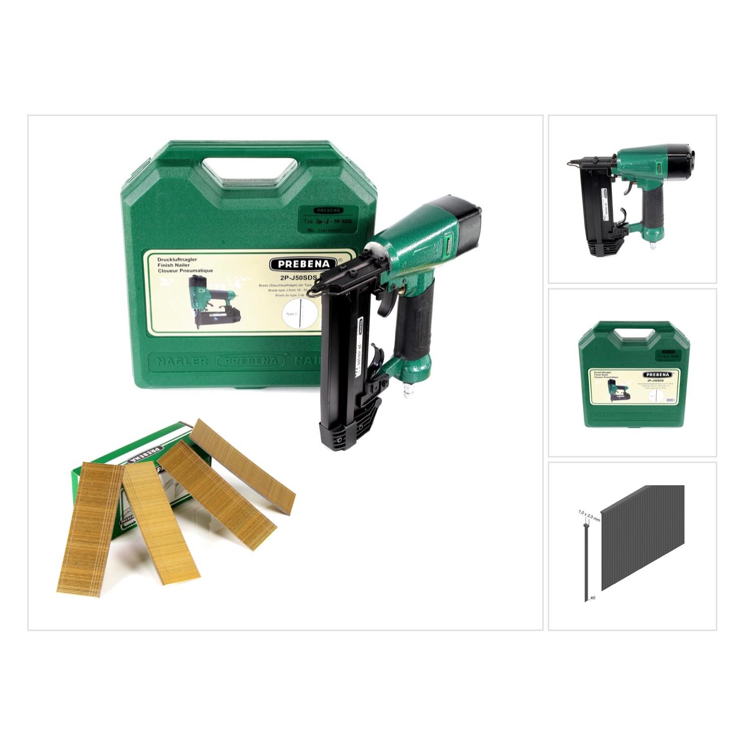 Prebena 2P-J50SDS Luftdruck Druckluftnagler 5-7 bar im Transportkoffer + Stauchkopfnägel Bra (2P-J50SDS)