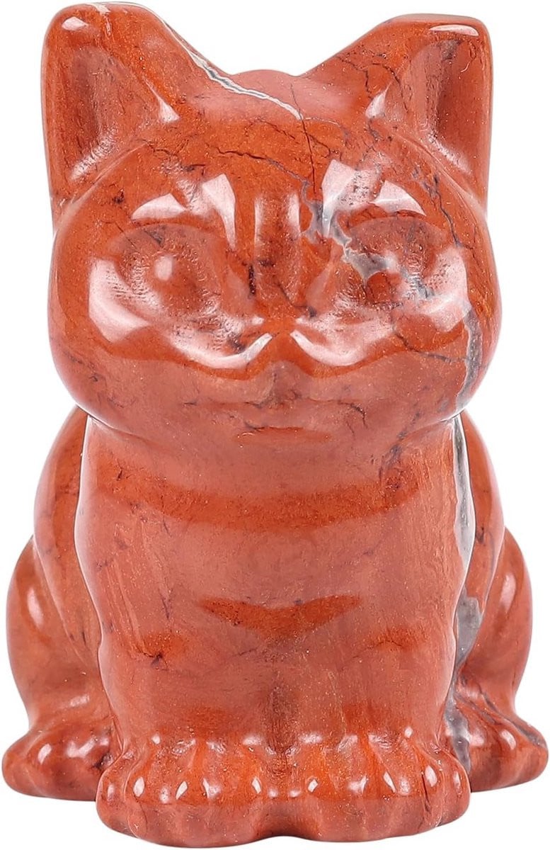 Handgesneden Rode Jaspis Kat Sculptuur - Kristallen Kat Beeldje - Decoratief Verzamelobject - Hoogte: 3.8 cm