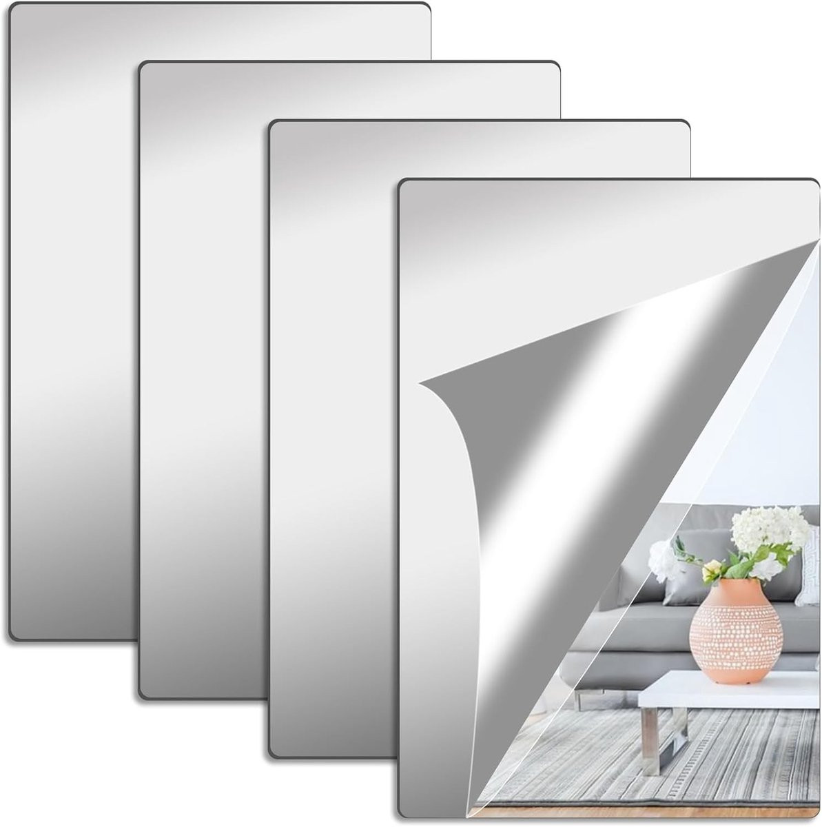 Set van 4 zelfklevende wandspiegels van flexibel acryl voor woonkamer, badkamer en meubels