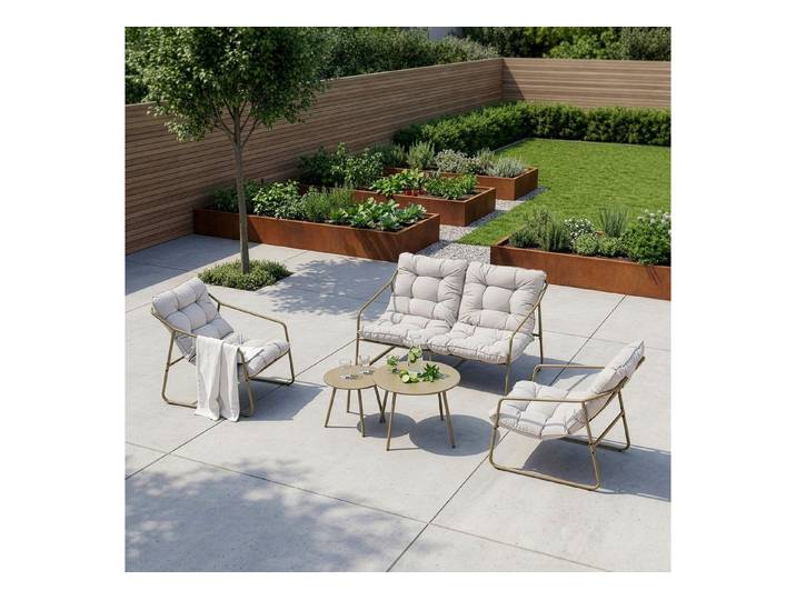 en.casa Sitzgruppe, (5-tlg), »Kivanta« Sitzbank Stühle mit Kissen Tische Stahl Beige