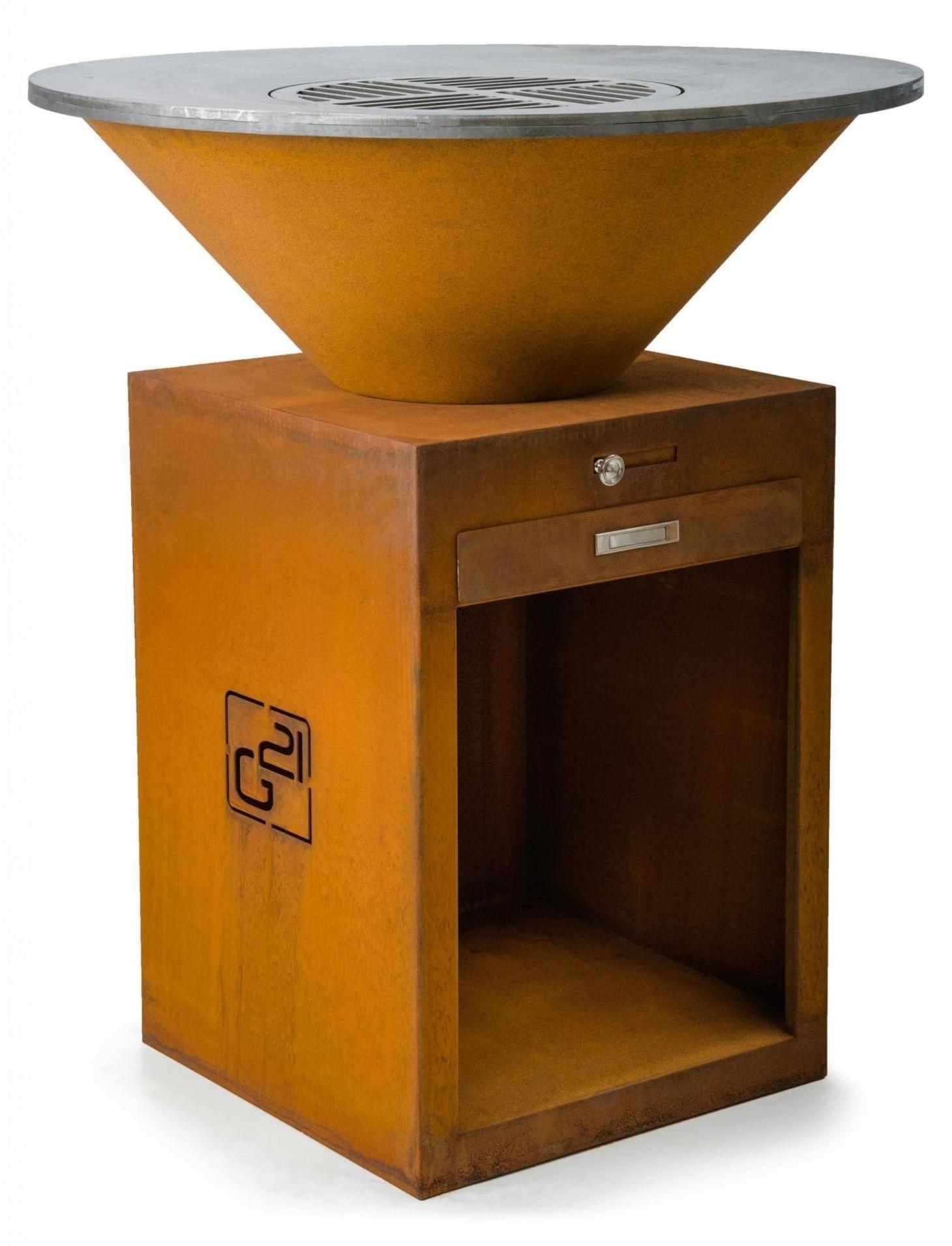 Grill Oregon aus Corten mit 85 cm Durchmesser und 1 cm dicker Kochfläche, integriertem Buffettisch