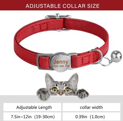 Uplift Essentials Personalized Leather Breakaway Cat Collar With Laser Engraved Safety Nameplate red