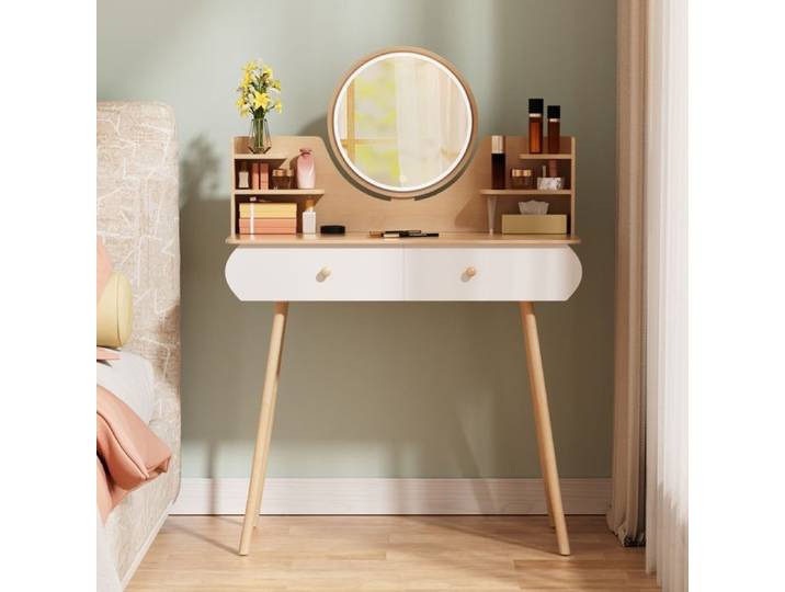 FLASIDU Coiffeuse avec miroir LED Réglable 2 tiroirs 6 compartiments SANS TABOURET 80x40x118cm Style moderne couleur bois