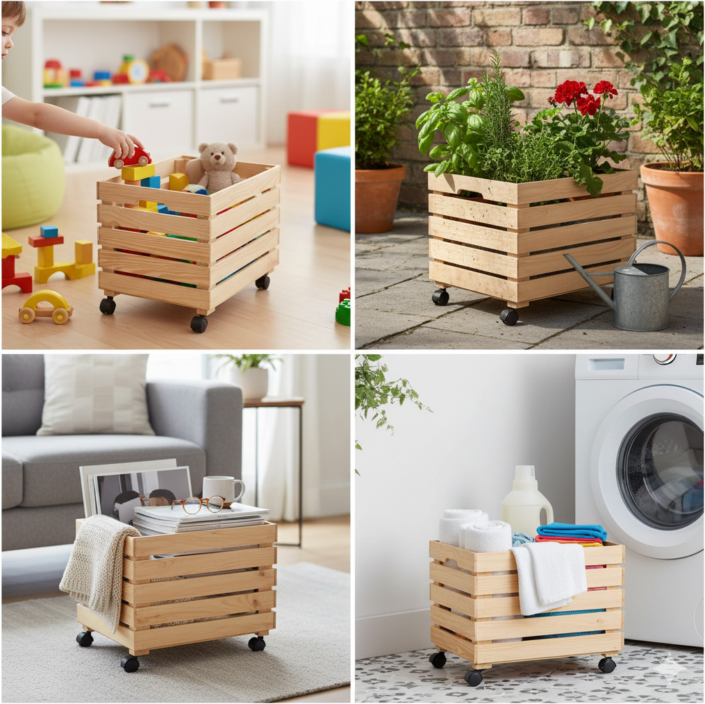 giordanoshop Cesta Scatola Contenitore con Ruote 35x50x35 cm in Legno di Pino Naturale...
