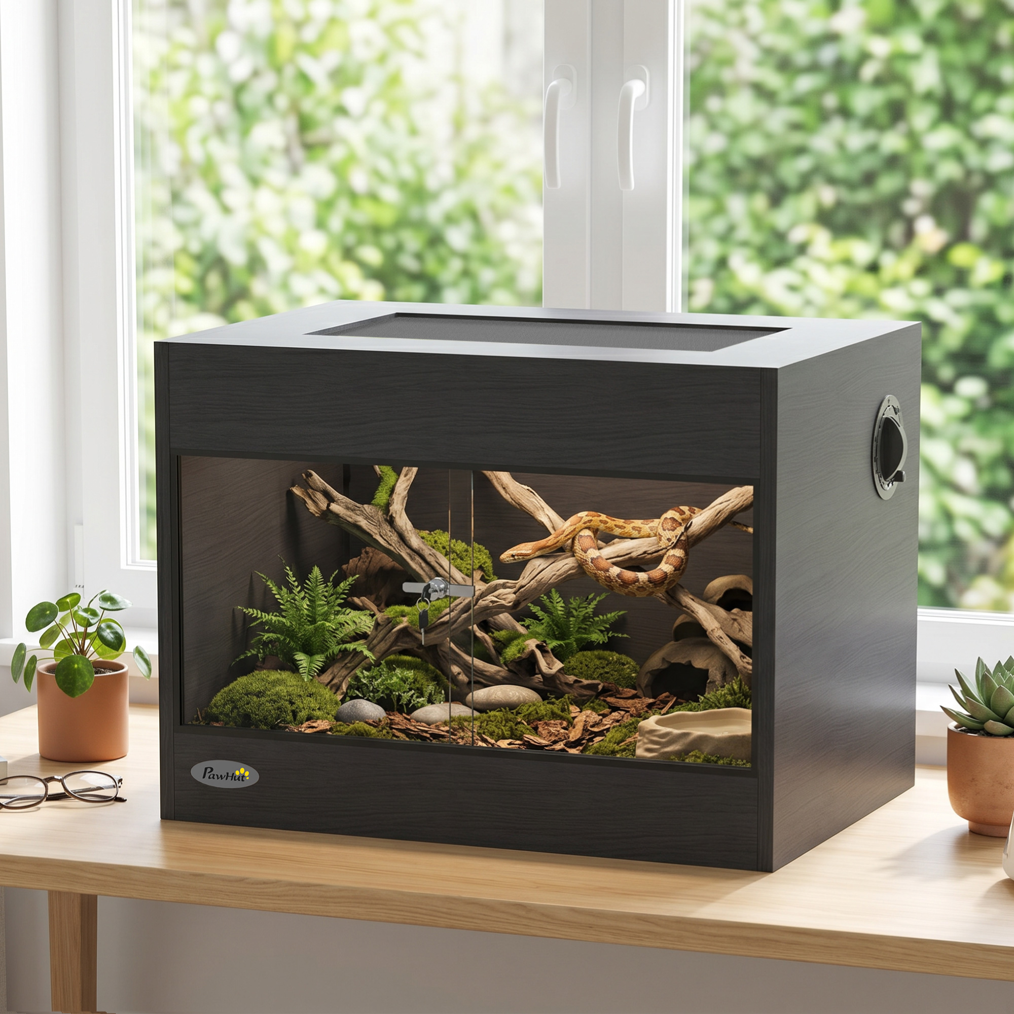 Pawhut Terrario per rettili in legno OSB con porta in vetro, serratura e coperchio, nero   Aosom Italy