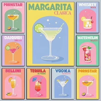 Inspired Finds Colorful Cocktail Canvas Wall Art Set Trendy Bar Cart Drink Posters daiquiri Cocktail Poster 19.69x27.56in