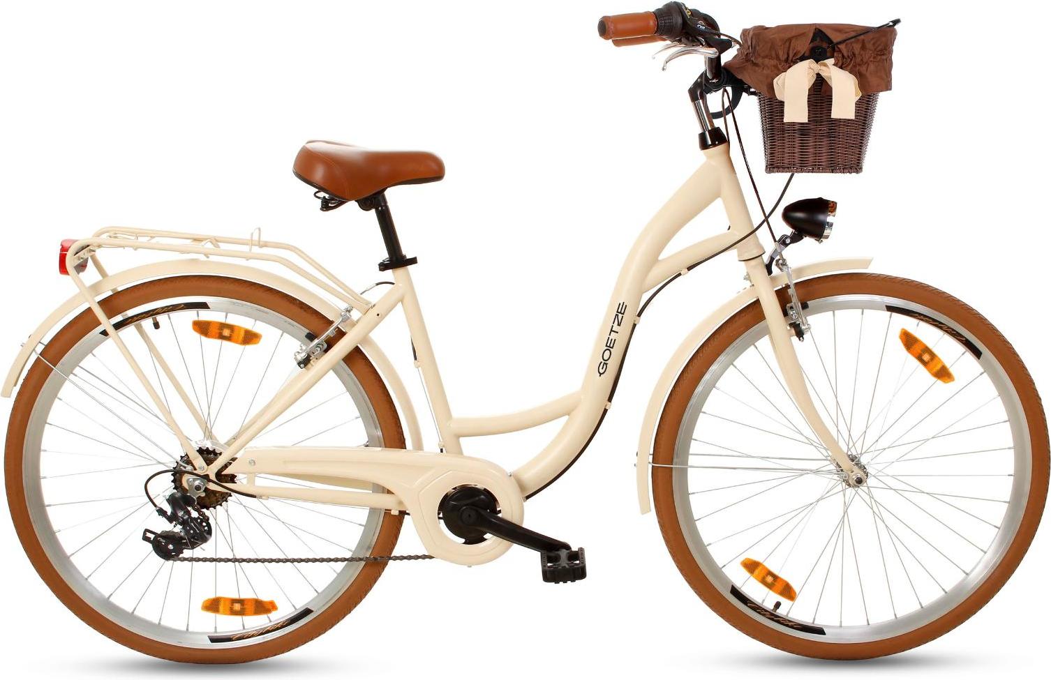 Goetze Mood 28 Zoll City Bike, 18 Zoll Tiefeinsteigerrahmen, 7-Gang Shimano, V-Bremse, LED-Beleuchtung, Komfortsattel, Rattankorb
