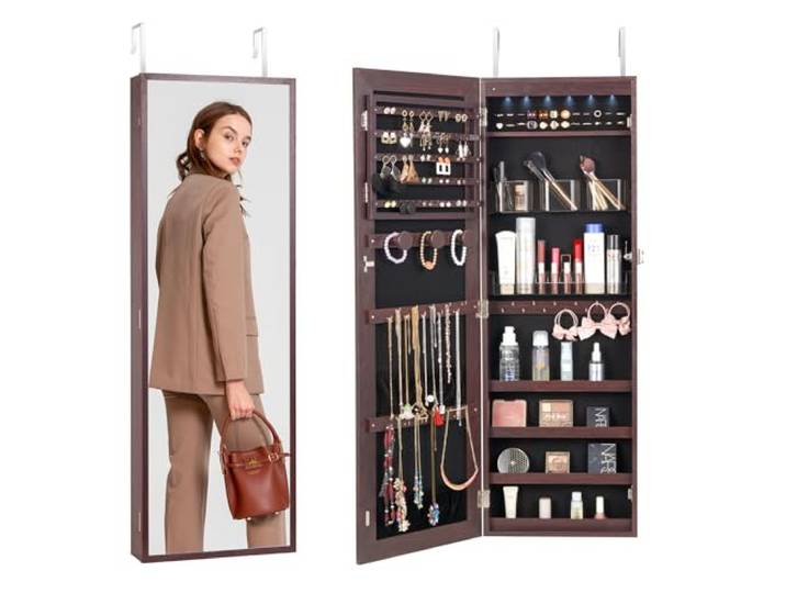 VEVOR Armoire à Bijoux Mural 108 cm\, Organisateur de Bijoux avec Miroir et LED Intérieur\, Meuble de Rangement pour Bijoux Verrouillable\, Fixé au Mur ou à la Porte\, avec Doublure en Velours\, Marron