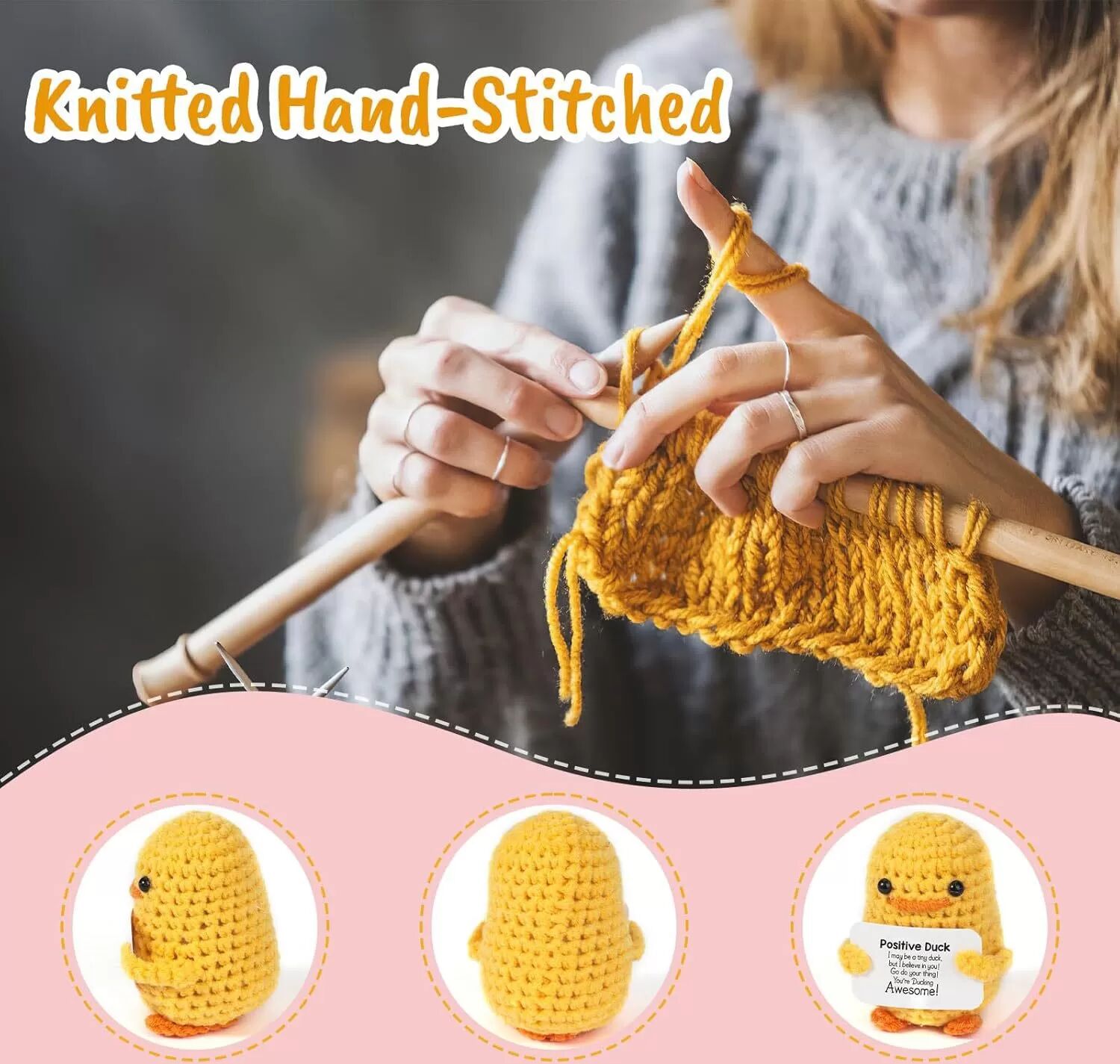 INF PositiveDuck Kleine Gelbe Ente Häkelpuppe – Niedliche Dekoration mit positiver Botschaft Model A