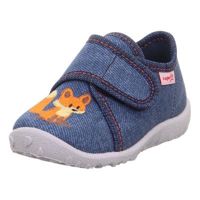Hausschuh SUPERFIT "SPOTTY, WMS: mittel", Mädchen, Gr. 26, blau (jeansblau fuchs), Baumwolle, Schuhe Hausschuh, Kindergartenschuh mit Klettverschluss, Größenschablone zum Download
