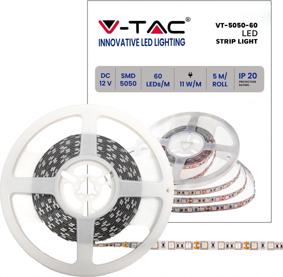 V-Tac Vt-5050 Strip Led Smd5050 11w/m 5m Striscia 60 Led/m Colore Verde 12v Ip20 10mm - 212138