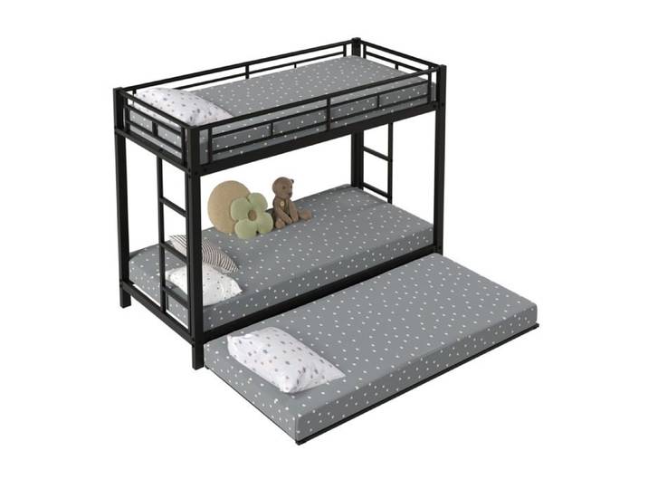 Lit enfant 90x200cm superposé avec lit coulissant cadre en acier noir protection haute construction robuste EN747