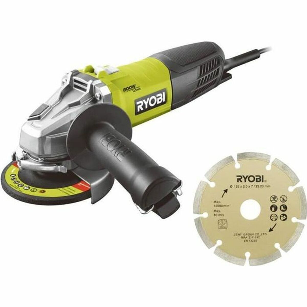 Ryobi RAG800-125SD1 Haakse Slijper 800W met 125mm Diameterschijf en Tas