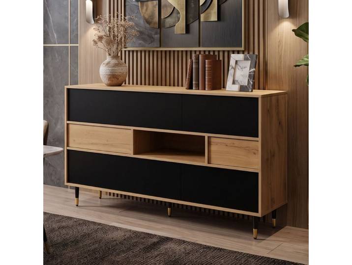 Buffet bahut 140x40x84.5cm grand rangement pour séjour Enfilade moderne design soigné bicolore bois et noir Style industriel