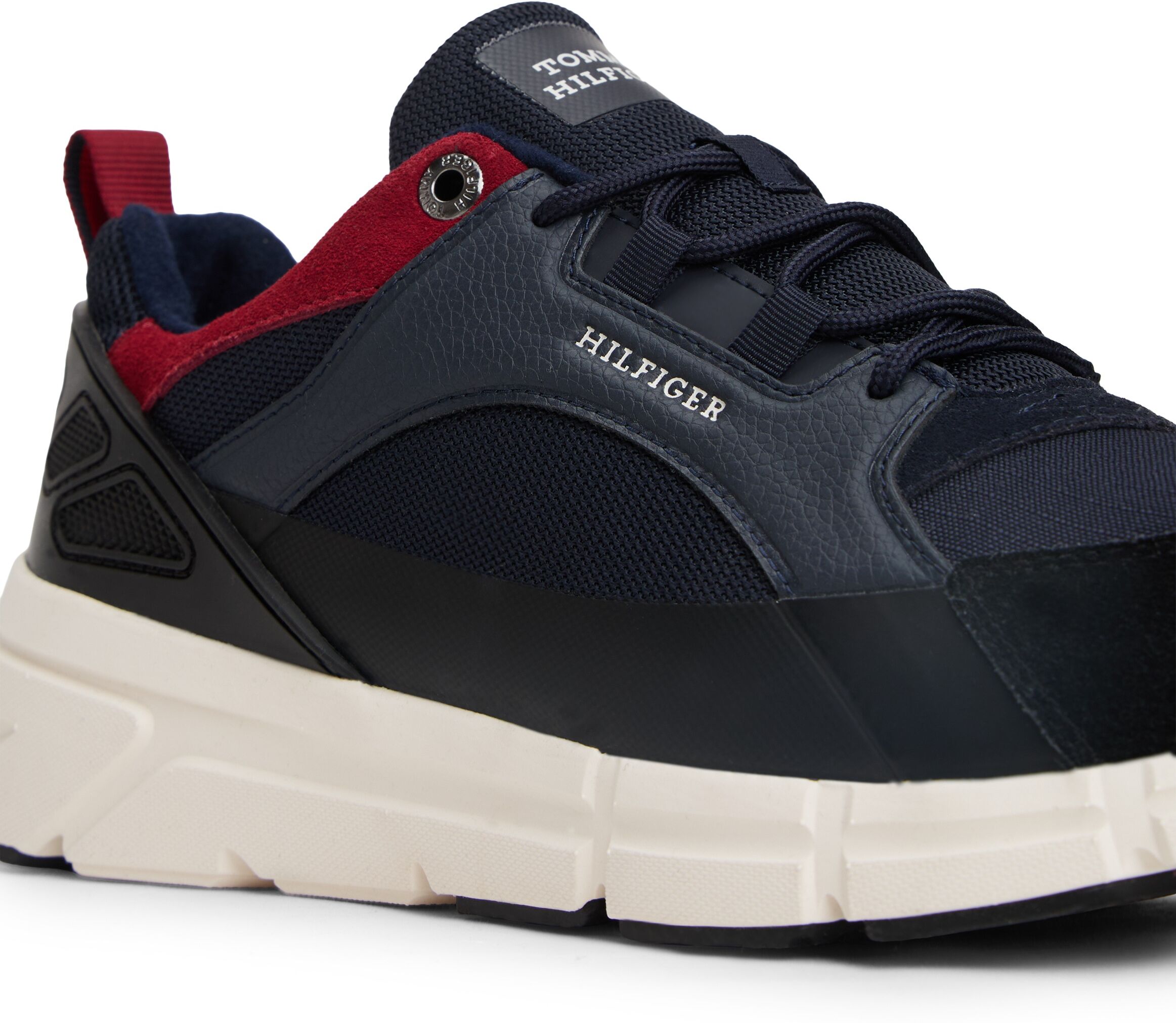 Sneaker TOMMY HILFIGER "MODERN COMFORT RUN OUTDOOR", Herren, Gr. 42, Textil, blau (dunkelblau), Leder, Synthetik, Schuhe Sneaker, Freizeitschuh, Schnürschuh im coolen Materialmix