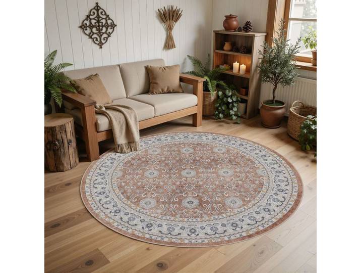 Carpettex Tapis Rond 200 cm Terracotta Vintage Lavable Antidérapant