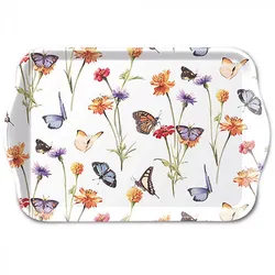 Ambiente Tablett Melamin 21x13cm mit Schmetterlinge & Blumen Motiv  - kleines Serviertablett Frühstückstablett Tischdeko Frühling Sommer Dekotablett Weiß Bunt