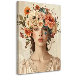 LEINWANDBILD, Frauenporträt mit Blumenstrauß in Pastelltönen