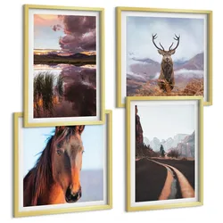 BILDER SET 4er Set - 50x50 cm & 40x60 cm Goldrahmen - Berglandschaften, Rentiere, Pferdestraße
