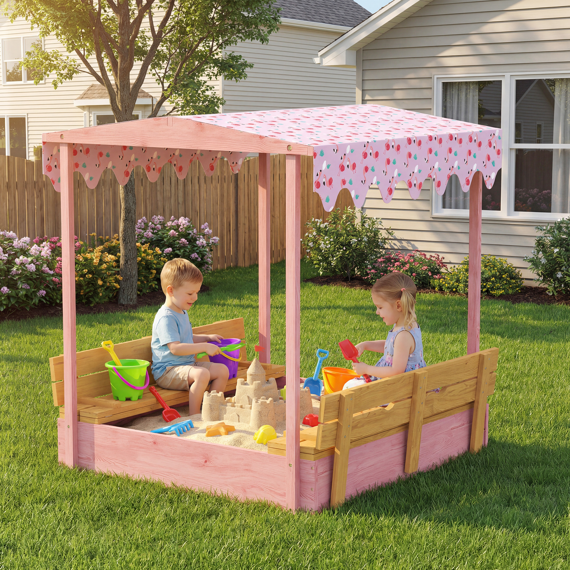 Aiyaplay Sabbiera per Bambini 3-6 Anni con Tettuccio Fenicotteri, Sedute Pieghevoli, Coperchio e Fodera Inclusa, Sabbionaia per Bambini in Legno di Abete, 134.5x127.5x130 cm, Rosa   Aosom Italy