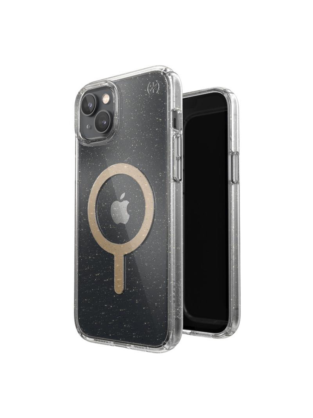 Speck Presidio Perfect-Clear with Glitter + MagSafe - iPhone 15 Plus / 14 Plus Case with MICROBAN Coating - Clear / Gold Glitter