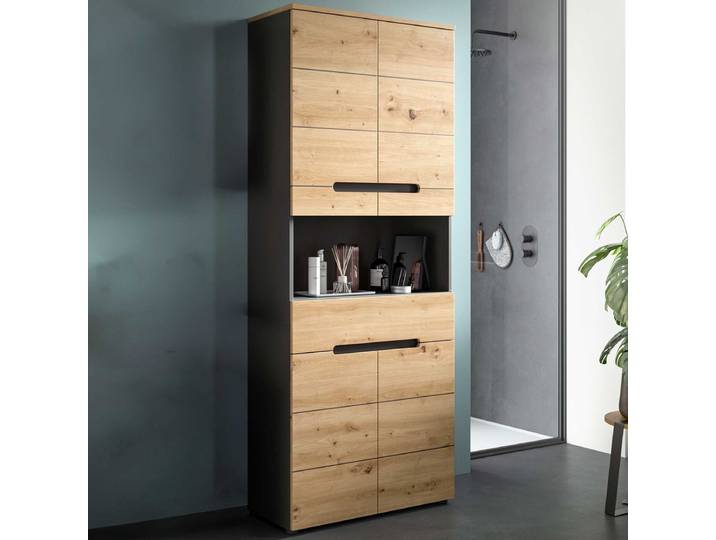 Hoogkast Canu Wide Xonox - Spaanplaat Artisan & Basalt Grijs - 76x193x34 Cm - Xonox - Badkamer Halfhoge Kast - Bruin; Grijs - Spaanplaat