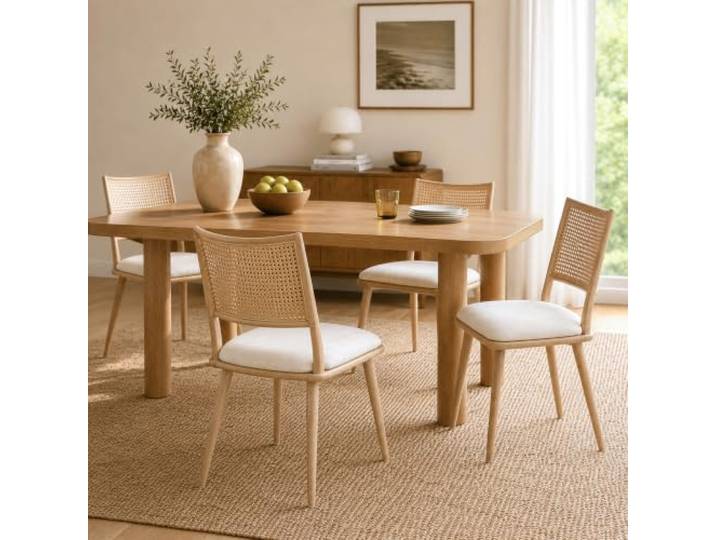 Merax Esszimmerstühle 4er-Set, Küchenstühle mit PU Sitz und Rattan Rückenlehne, Polsterstuhl für Esszimmer, Wohnzimmer und Schlafzimmer, Metallbeine, Beige