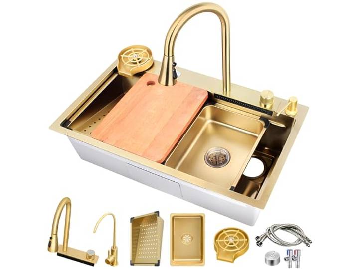 ASKLFNEI 68x45cm Edelstahl Workstation Waschbecken, Wasserfall-Küchenspüle, Mit Ausziehbarem Wasserhahn, Kleinem Becken, Tassenspüle, Abfluss-Sets, Nanobeschichtete Einzelspüle, Aufsatz