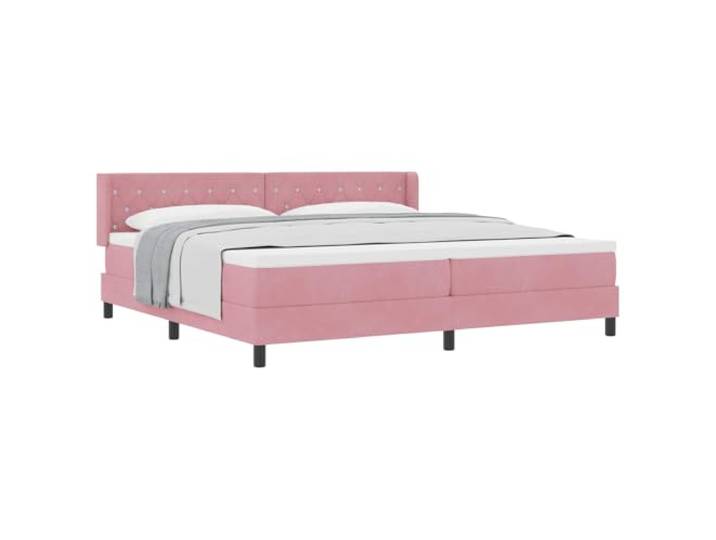 KTHLBRH Boxspringbett mit Kopfteil rosa 200 x 200 cm Samt Minimalistisches Design, klare Linien, Kiefernholz, schwarze Beine, Taschenfedern, Schaumstoff, atmungsaktives Polyester
