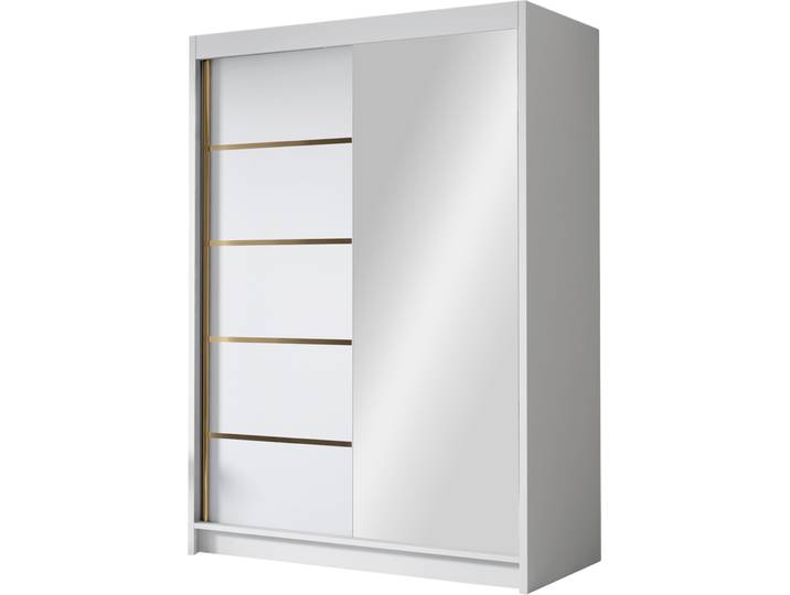MIRJAN24 Schiebetürenschrank mit Spiegel Lungo III, Kleiderschrank mit Kleiderstange, mit zwei Schwebetüren, Garderobe (Farbe: Weiß)