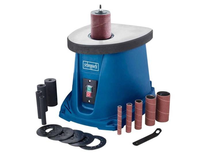 SCHEPPACH OSM100 : Ponceuse à bande avec axe oscillant/rotatif\, 450 W\, course de 16 mm\, aspiration des poussières\, 6 manchons de ponçage