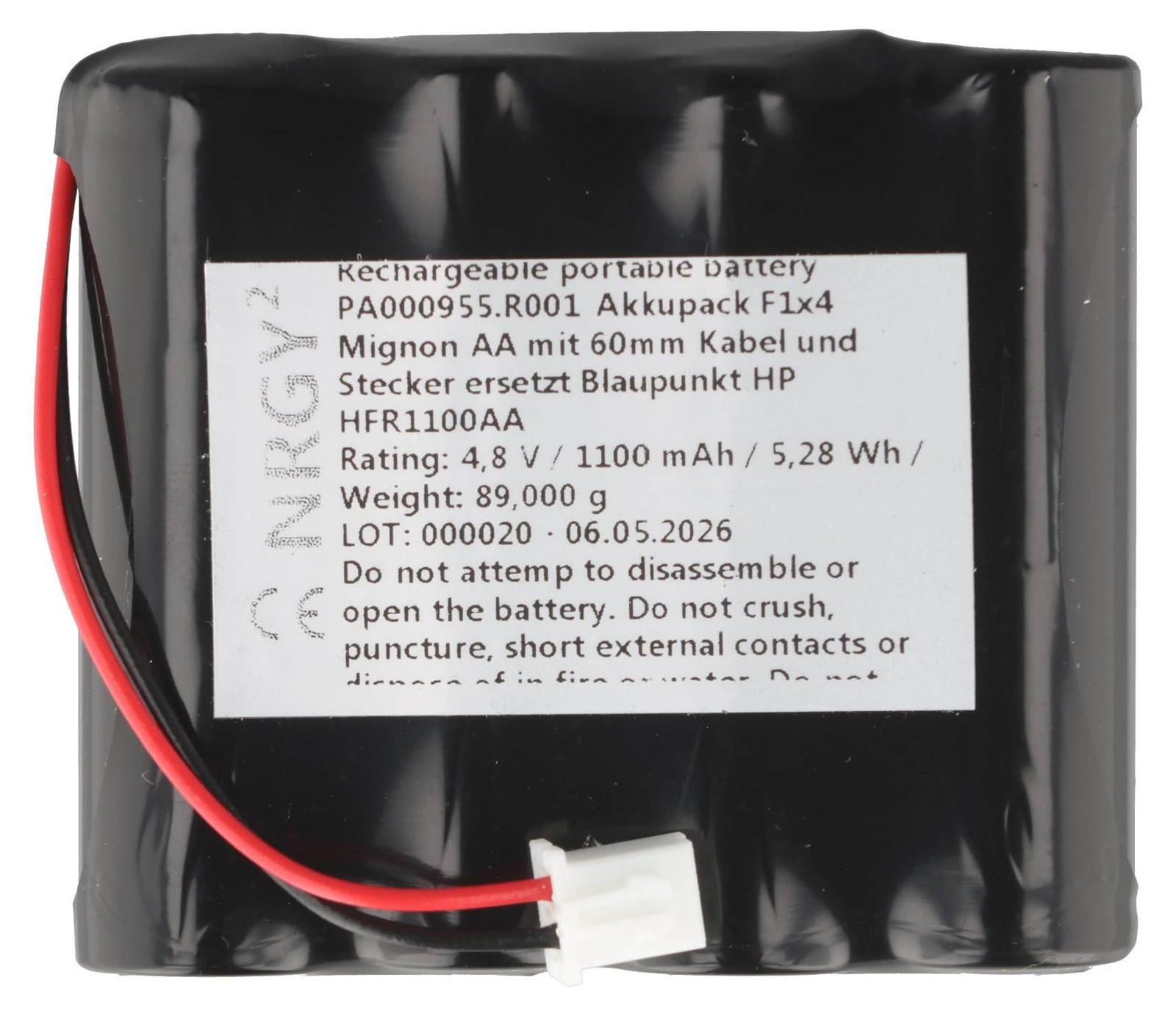 AccuCell Accupack NiMH 4,8V 1100mAh F1x4 Mignon AA met 60mm kabel en connector, vervangt Blaupunkt HP HFR1100AA