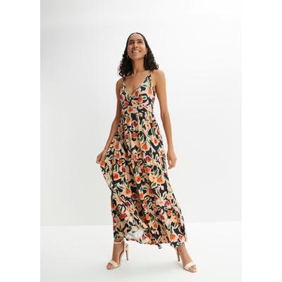 Maxikleid BONPRIX "Maxikleid aus softem Viskose-Mix", Damen, Gr. 44/46 (L), N-Gr, ohne Ärmel, schwarz (schwarz, beige geblümt), Obermaterial: 95% Viskose, 5% Elasthan, ausgestellt, Kleider Maxikleid, für eleganten Look, aus Viskose-Mix, ausgestellte...
