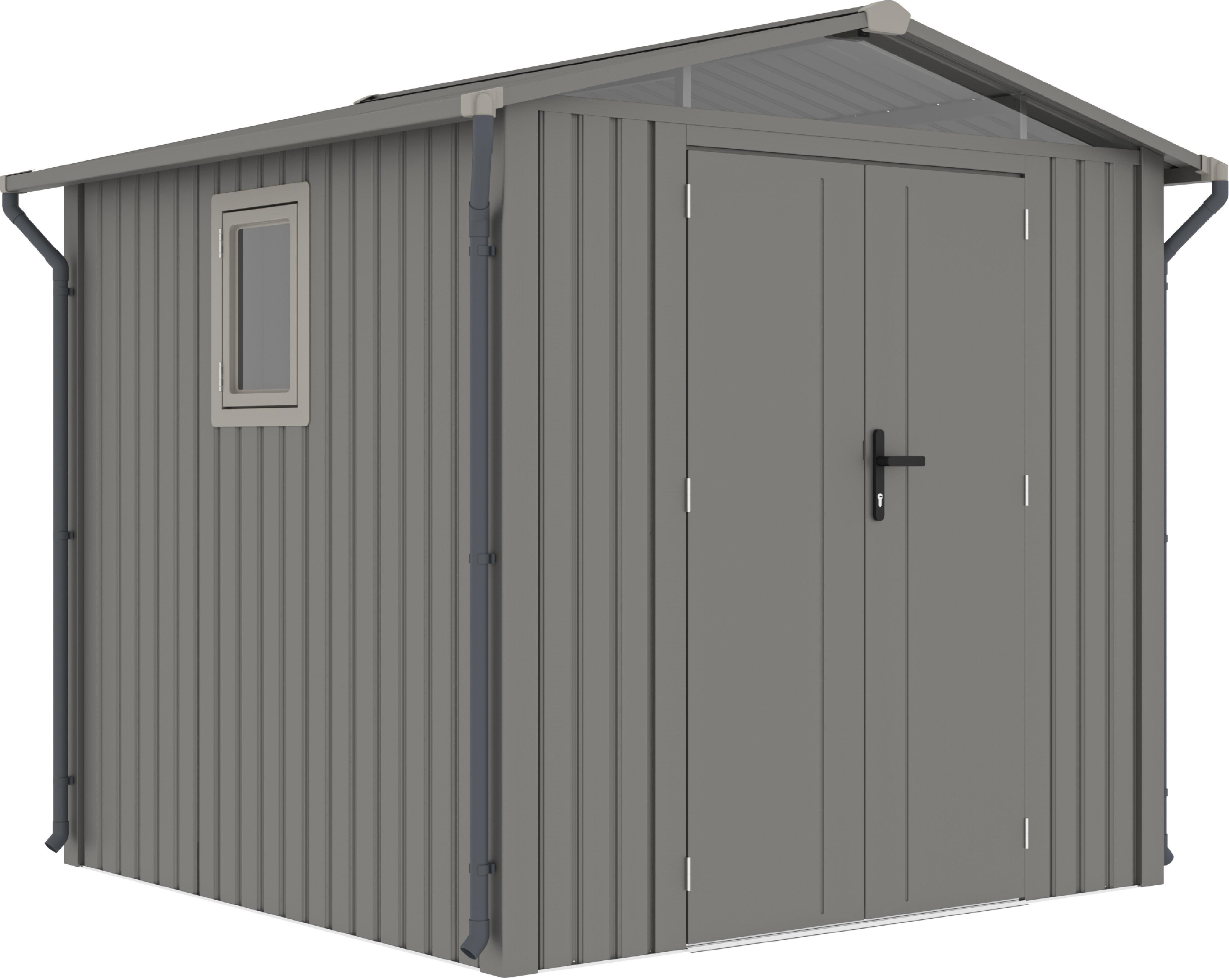 Rockford Gerätehaus Metall Geräteschuppen 240 x 232 cm Gartenhaus mit Satteldach inkl. Regenrohre Braga 200 Grau