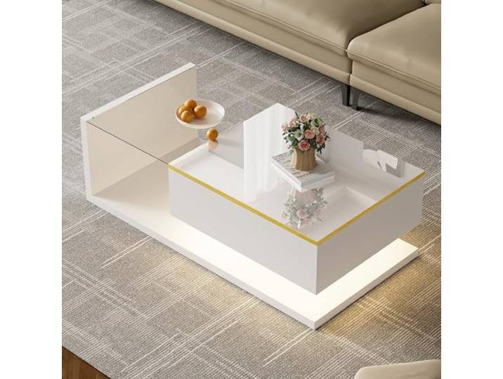 Merax Couchtisch 100x50x32,5cm, Beistelltisch mit Glas und LED-Effekt, praktischer Stauraum, Moderne Wohnzimmermöbel, Weiß