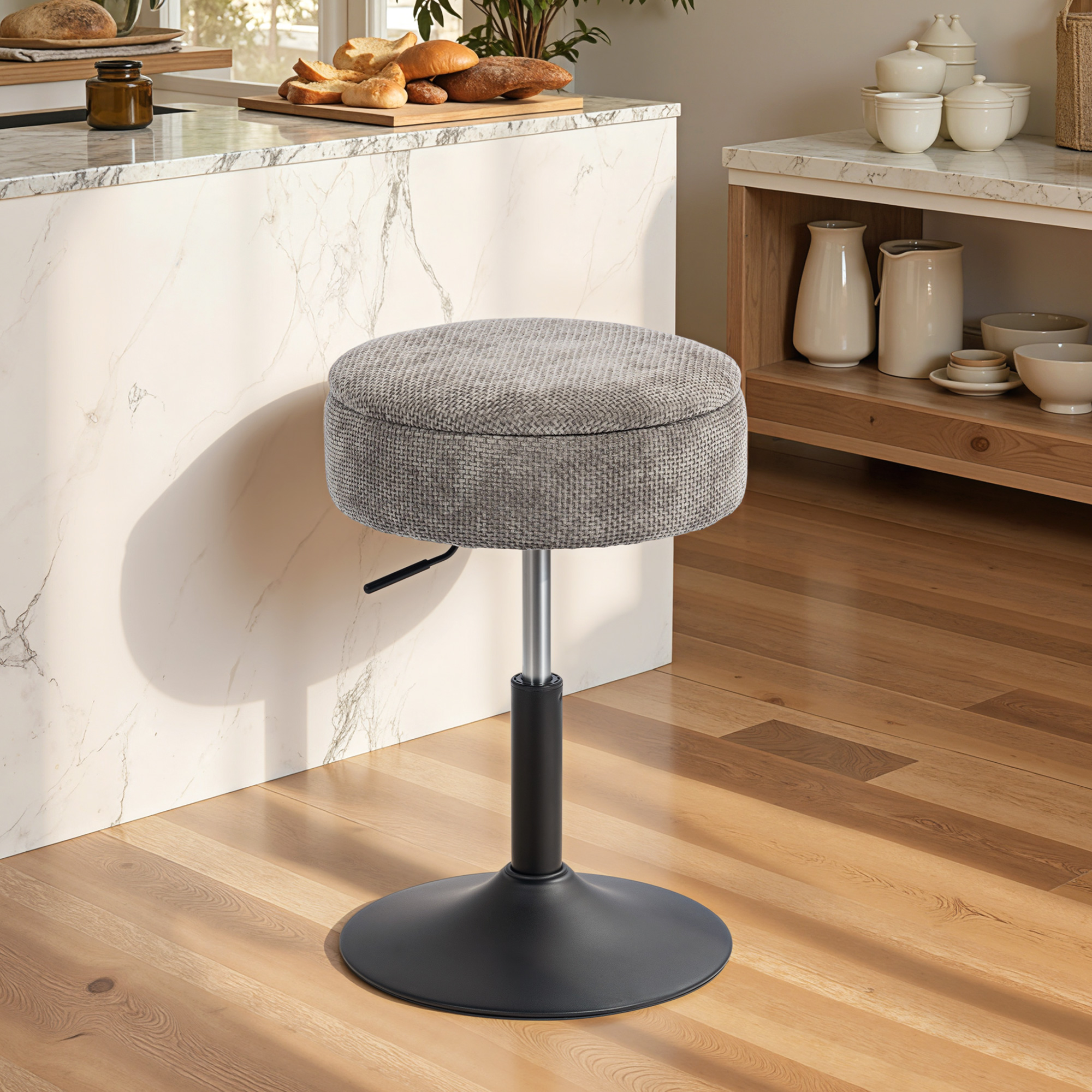 Homcom Sgabello da Bar con Ripostiglio Altezza Regolabile Sgabello da Cucina Rotondo Girevole Rivestimento in Ciniglia Grigio   Aosom Italy