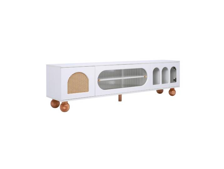 ComfortXL Lowboard De-40601 Rattan-Design mit Glas-Schiebetür Weiß, 170x47x37 cm, Wohnzimmer, TV Möbel, Lowboards, Lowboards stehend
