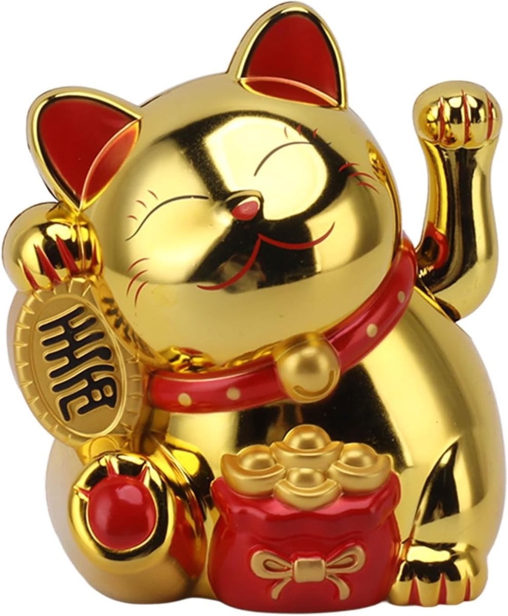 Gelukkige Waving Cat Maneki Neko Solar Powered Decoratie voor Thuis en Kantoor, 14 cm