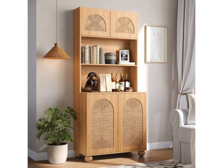 WUVRIE Vitrine haute 80 x 40 x 180 cm portes en cannage meuble de rangement naturel