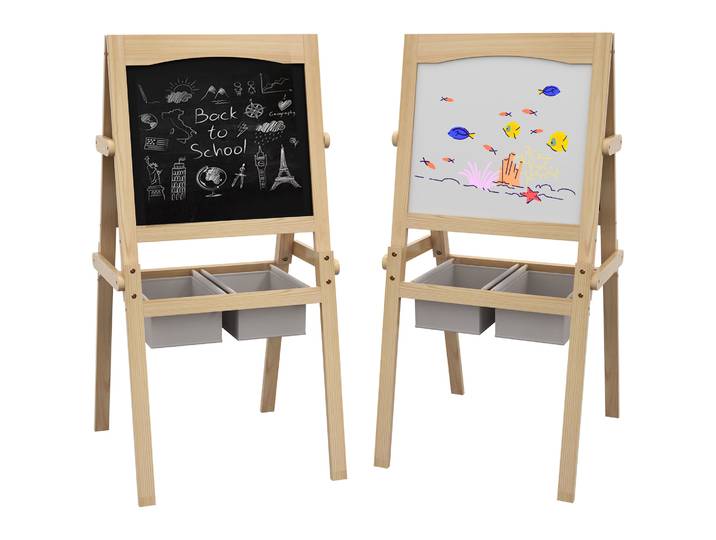 Chevalet pour enfants Aiyaplay 3 en 1, chevalet double face en bois et tableau blanc pour le dessin avec rouleau de papier et deux paniers, 58x50,5x109 cm, naturel