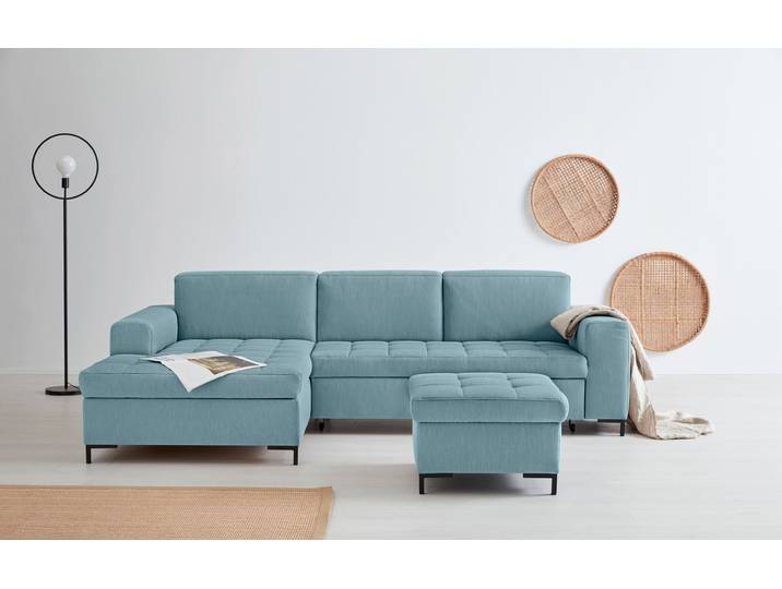 Ecksofa GOODPRODUCT Grazzo, zeitlos & elegant, moderne Sitzheftung, Breite 266cm, L-Form , blau (eisblau), B:266cm H:80cm T:162cm, 100% Polyester (recycelt), Sofas, Ecksofa, hochwertige Stoffe aus recyceltem Material, Steppung im Sitzbereich