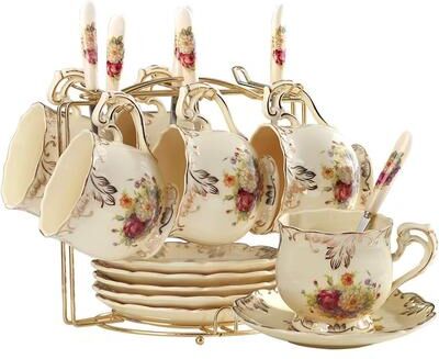 KitchenNation Tea Cups And Saucers Set Of 6, 8 Oz Vintage Floral Porcelain Tea Cups Set, Coffee Cups With Golden Rack flower Shrubs