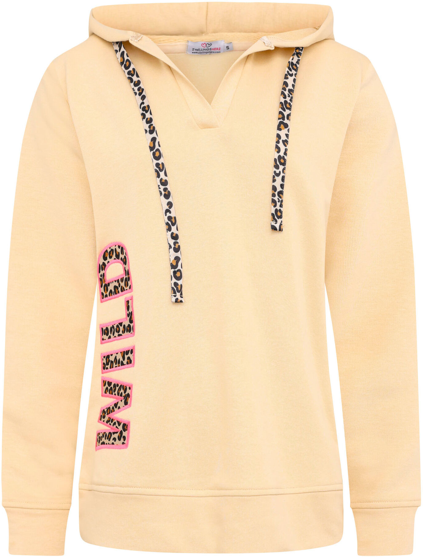 Hoodie ZWILLINGSHERZ "Wild", Damen, Gr. L/XL, beige, Jersey, Obermaterial: 50% Baumwolle, 50% Polyester, unifarben mit Farbeinsätzen, hüftbedeckend, V-Ausschnitt, Sweatshirts Hoodie, V-Ausschnitt, Leo Applikation: WILD, Kapuze und Leo-Kordelzug beige L/XL