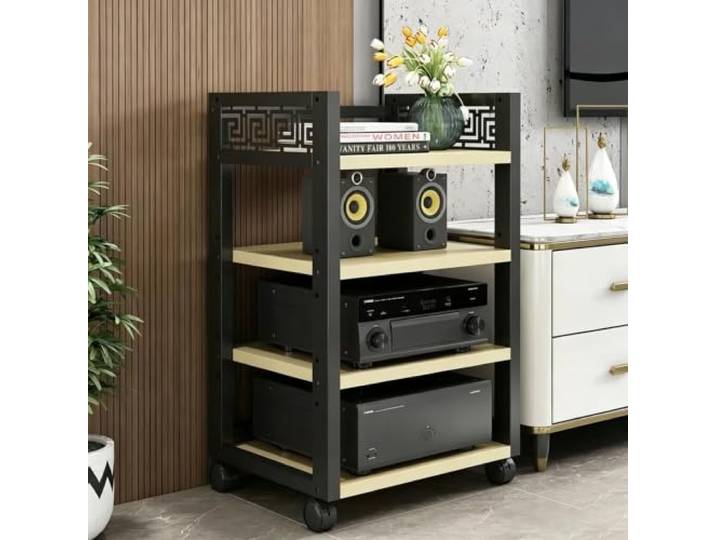 Mehrstufiger AV-Medienschrank, fahrbares Stereo-Regal für Audioanlagen 4-stufig verstellbare Böden, stabiler Holz-Metall-Aufbau, leichtlaufende Rollen(White Maple,19.7x15.7x34.6in)