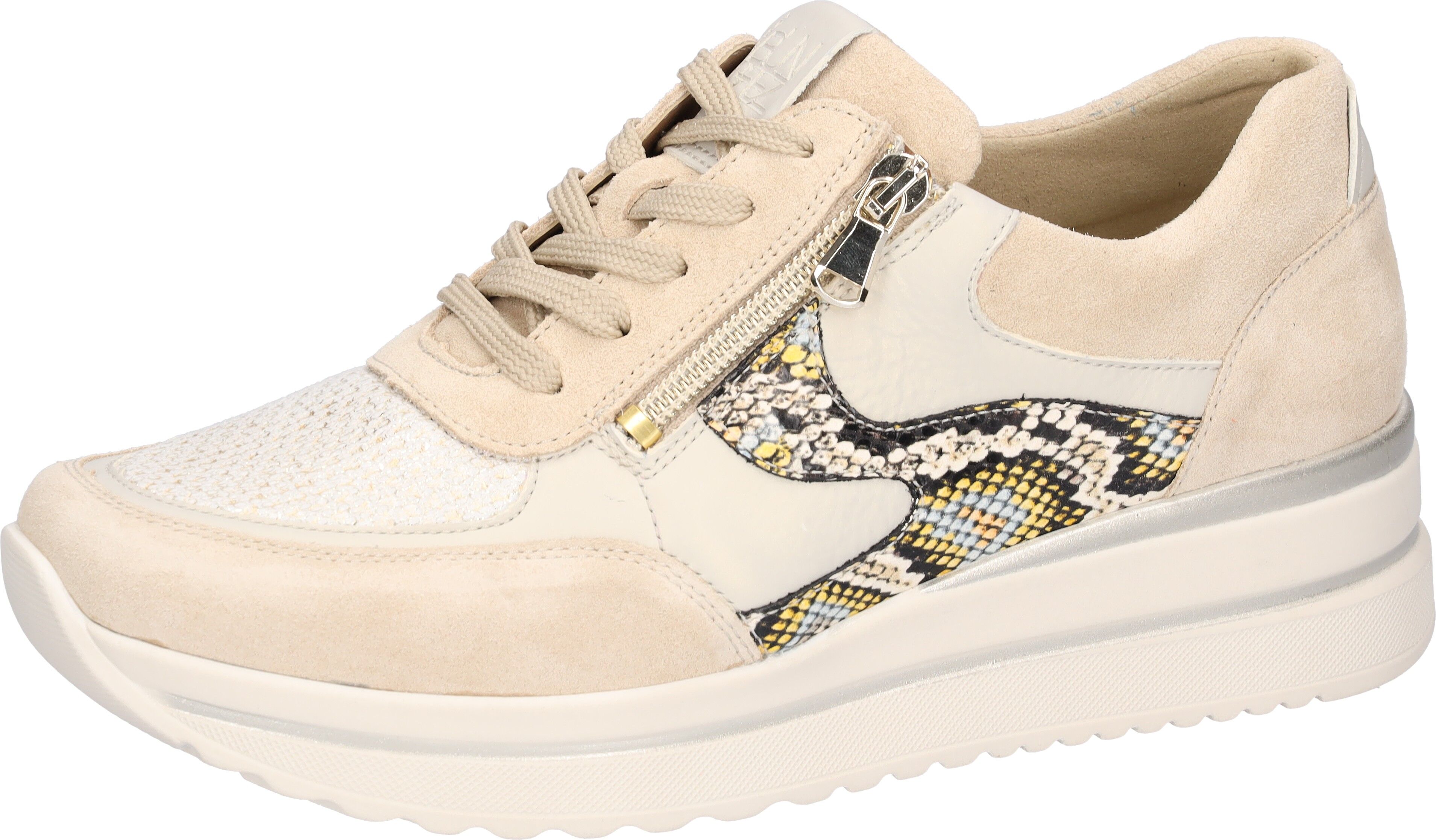 Schnürschuh WALDLÄUFER "K-Luana-Soft", Damen, Gr. 6,5, Textil, beige (creme, goldfarben), Nappaleder, Nubukleder, Textil, Veloursleder, Reptilienprägung, kontrastfarbene Details, metallic, Schuhe Schnürschuh, Komfortschuh mit Bungeez-Funktion für Hallux V