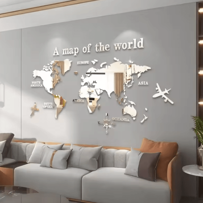 Inspire Curations Large 3D Acrylic World Map Mirror Wall Decor silver s 80cmx40cm