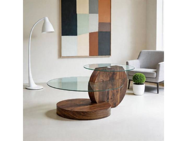 Table basse - Transparent + noyer - Verre trempé - MDF multi-niveaux - Design minimaliste
