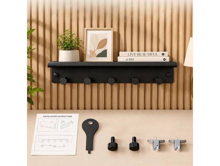 Étagère murale flottante en métal mat pour panneaux acoustiques 40×14cm avec crochets pour décoration et plantes bureau