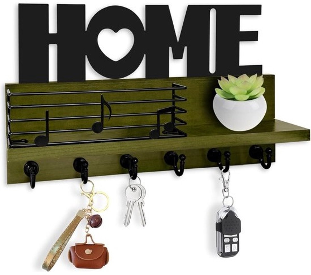 Vintage houten sleutelrek met plank en 6 sleutelhaken, donkergroen wandorganizer