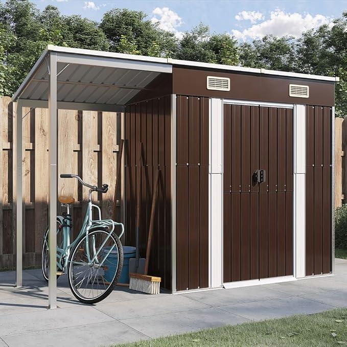 Gartenhaus mit Schleppdach Gerätehaus Gartenschuppen Schuppen mit Stauraum Metallschuppen Geräteschuppen Gartenschrank Garten Schuppen Braun 277x110,5x181 cm Stahl